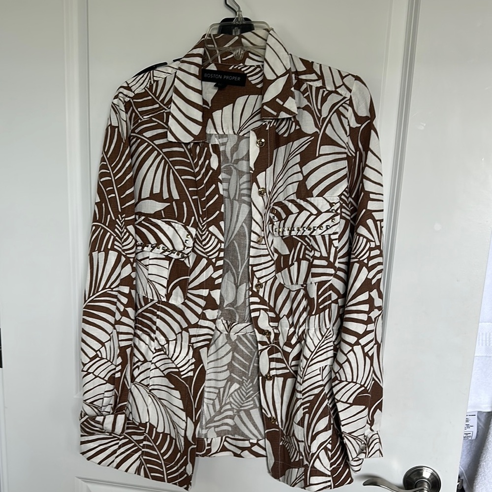 Boston Proper brand  linen blend Brown and White Utility Jacket